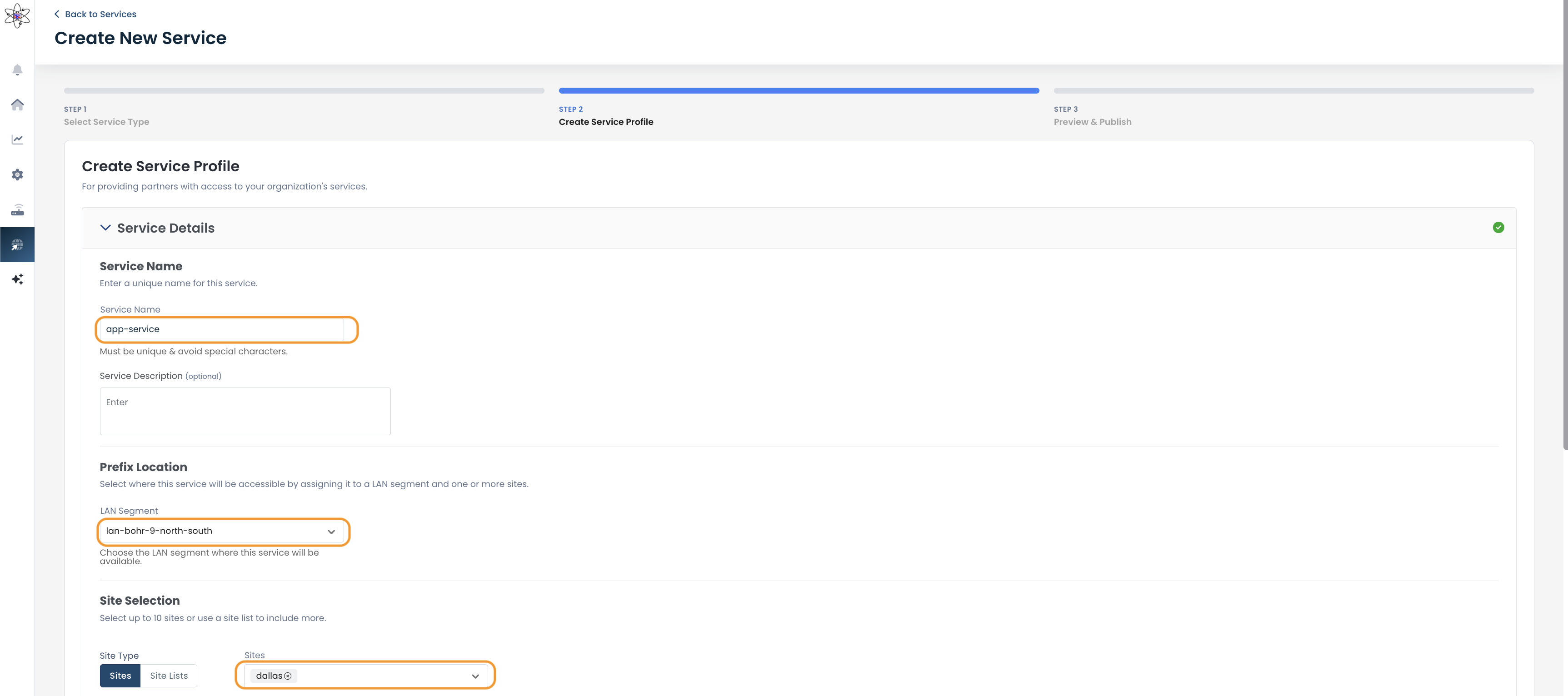 Form for creating a new service profile with highlighted fields for input.